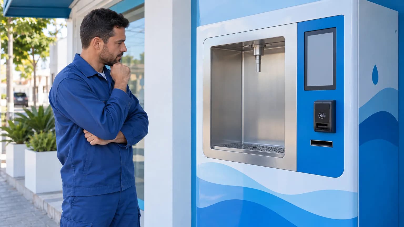 Técnico inspeciona estação automática de água purificada durante manutenção preventiva.