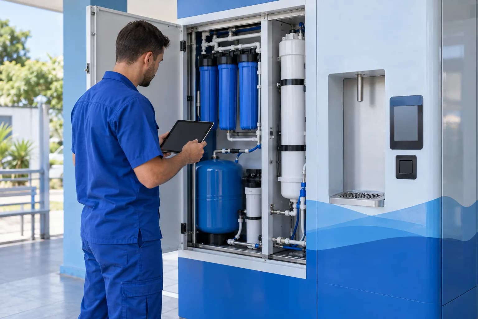 Técnico verifica conexões e componentes hidráulicos de uma estação automática de água purificada.
